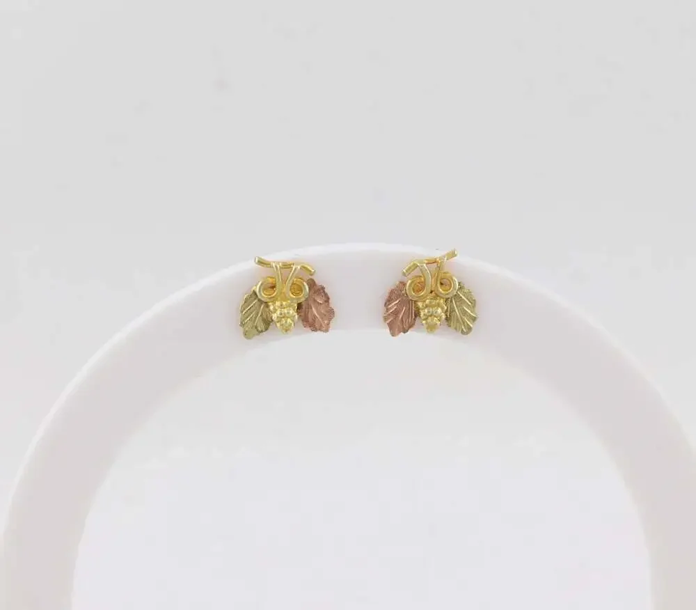 12k Yellow Gold Black Hills Gold Leaf Earrings Stud Post 3/8